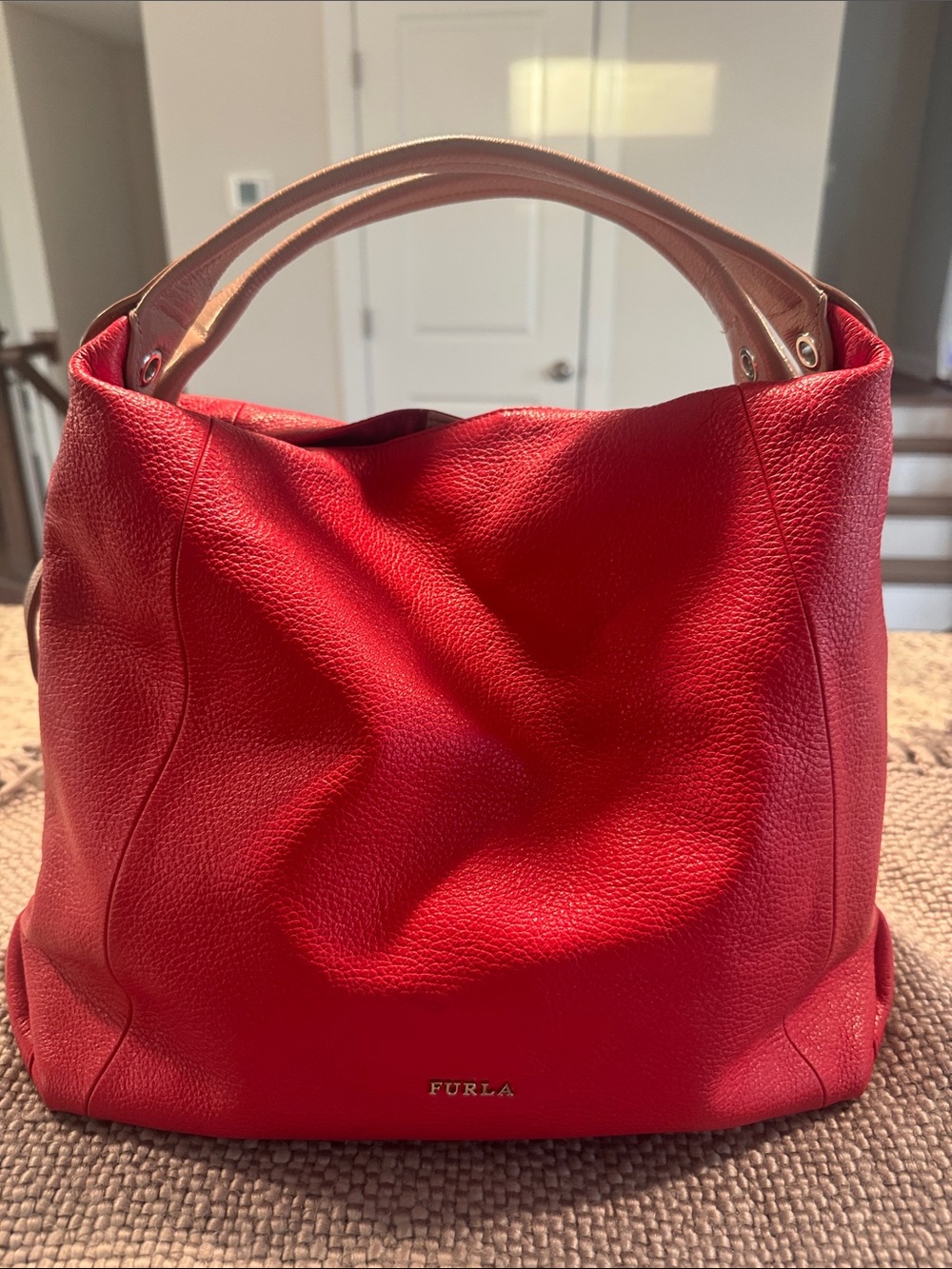 Furla Red Pebbled Leather Tote with Neutral Handles